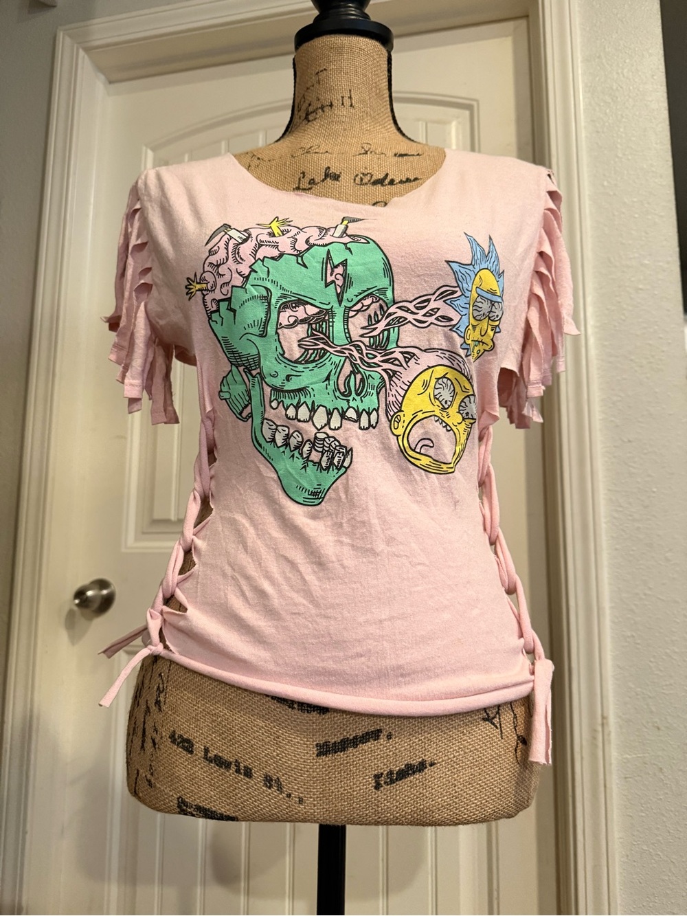 Pink Rick and Morty Upcycled Fringe Tee – Size Small